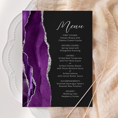 Purple Agate Silver Modern Script Wedding Menu