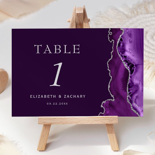 Purple Agate Silver Plum Wedding Table Number