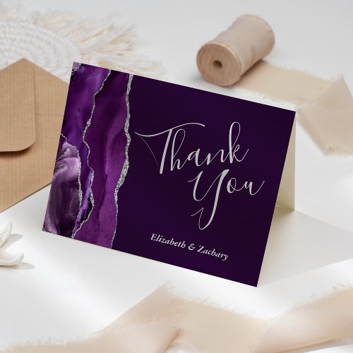 Purple Agate Silver Plum Wedding Thank You Card