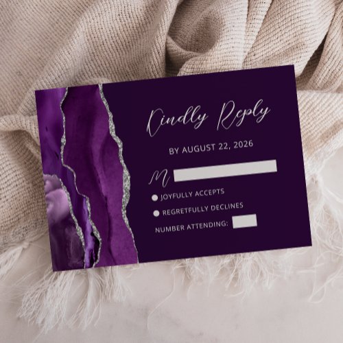 Purple Agate Silver Script Wedding RSVP Card