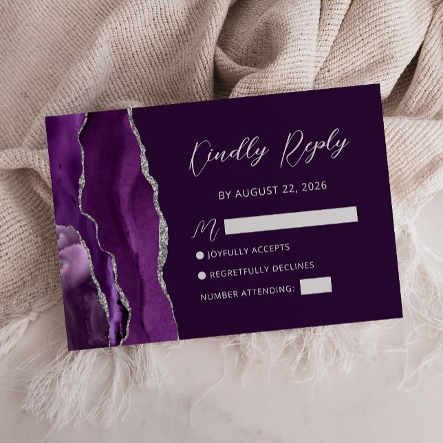 Purple Agate Silver Script Wedding RSVP Card (Creator Uploaded)