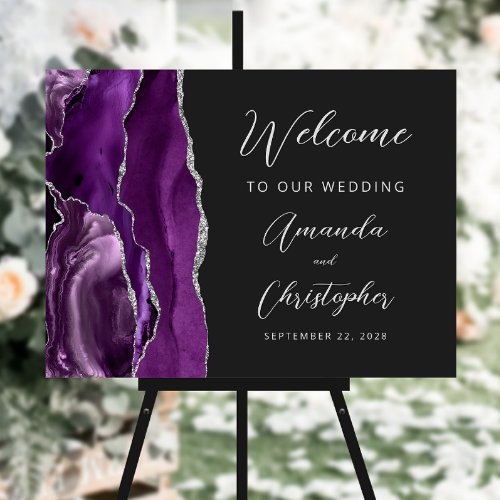Purple Agate Silver Script Wedding Welcome Foam Board