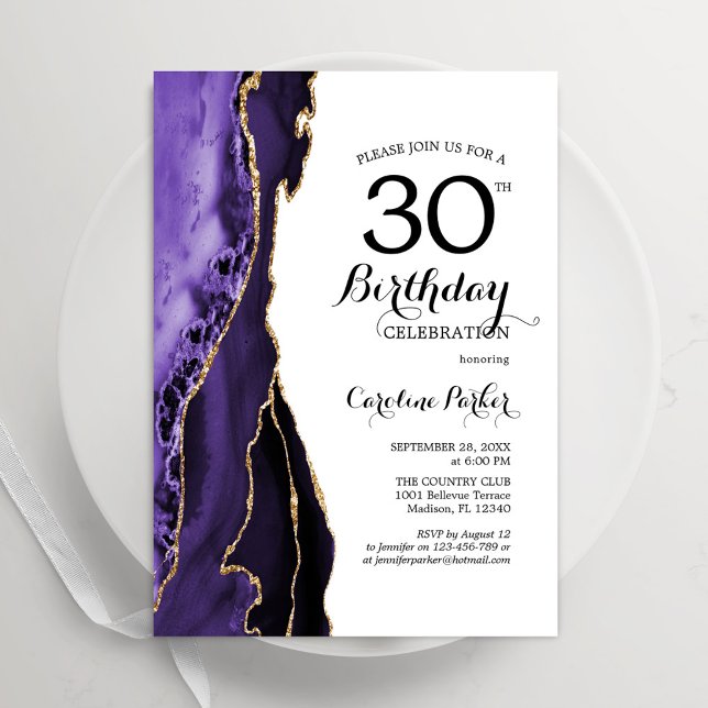 Purple Agate White Gold 30th Birthday Invitation (Creator Uploaded)