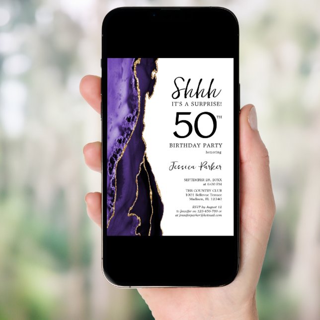 Purple Agate White Gold Surprise 50th Birthday Invitation (Front Digital)