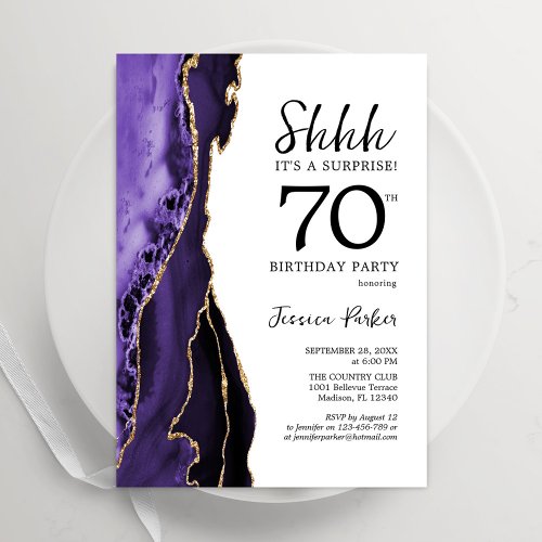 Purple Agate White Gold Surprise 70th Birthday Invitation