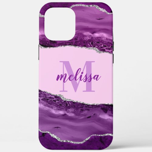 Purple Agate with Silver Glitter Monogrammed  iPhone 12 Pro Max Case