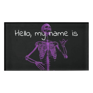Purple air guitar skeleton name tag