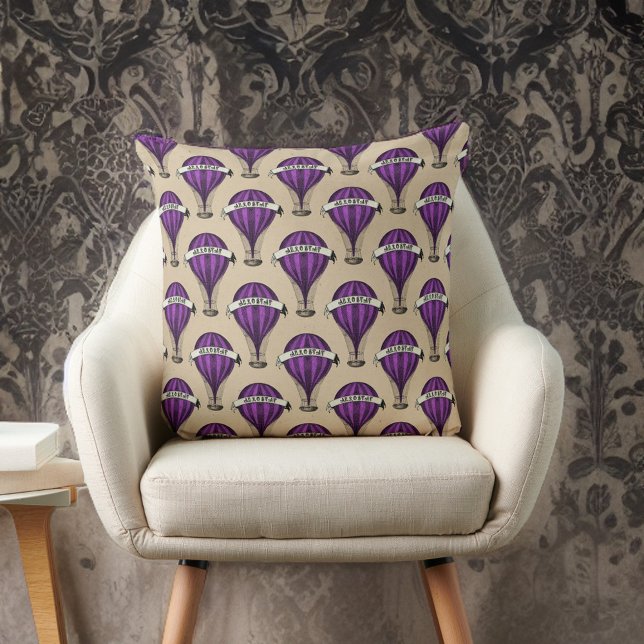 Purple Airships on Tan Steampunk Design Throw Pillow (Creator Uploaded)