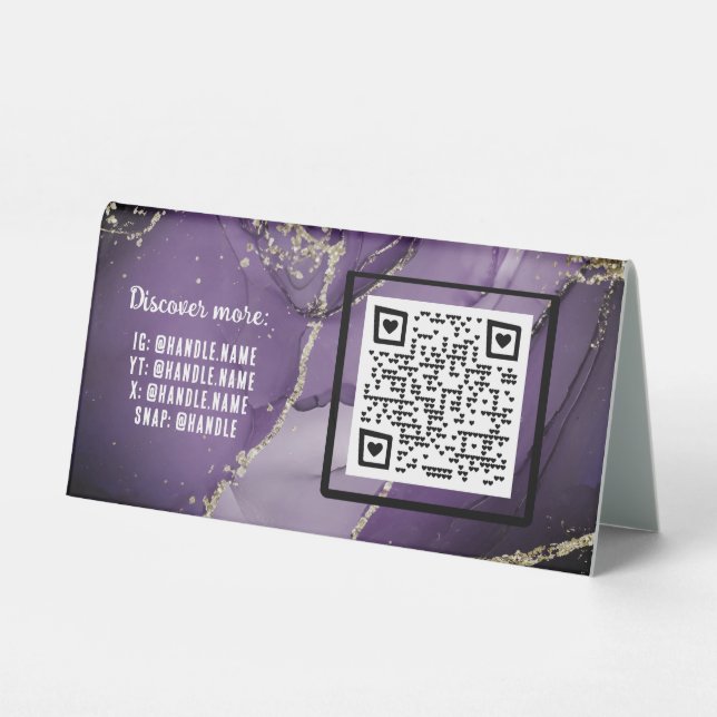 Purple Alcohol Ink Business QR code Social Handles Table Tent (Back)