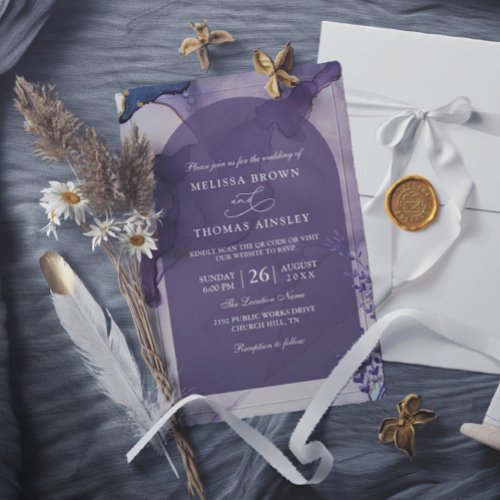 Purple Alcohol Ink Elegant Budget Qr Code Wedding Invitation
