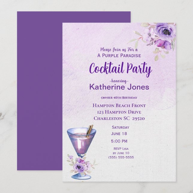 Purple Alexander Birthday Cocktail Party   Invitation (Front/Back)