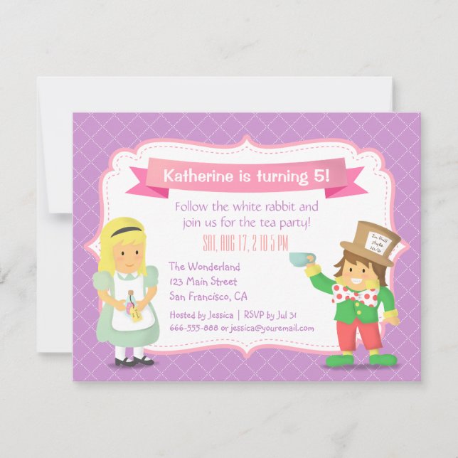 Purple Alice in Wonderland Birthday Tea Party Invitation (Front)
