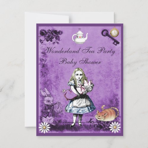 Purple Alice in Wonderland Tea Party Baby Shower Invitation