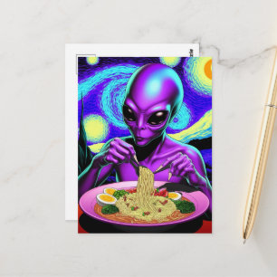 Purple Alien Eating Noodles with Veggies and Eggs Postcard