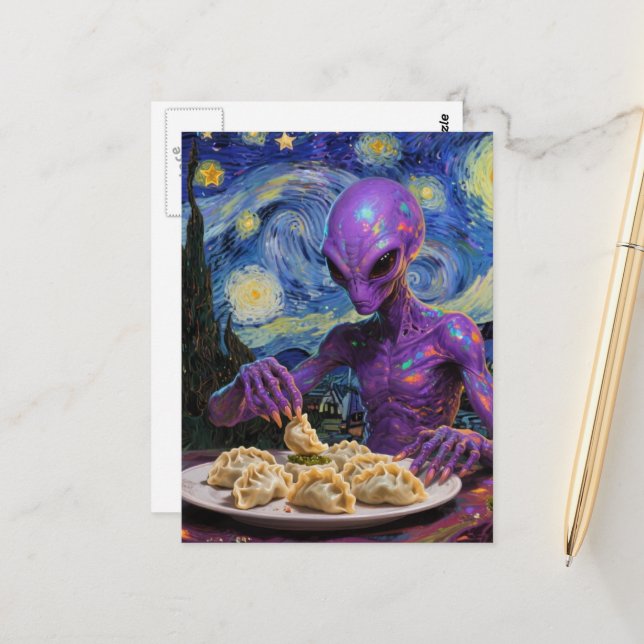 Purple Alien Eating Perogies Postcard (Front/Back In Situ)