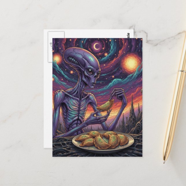 Purple Alien Eating Pierogies Postcard (Front/Back In Situ)