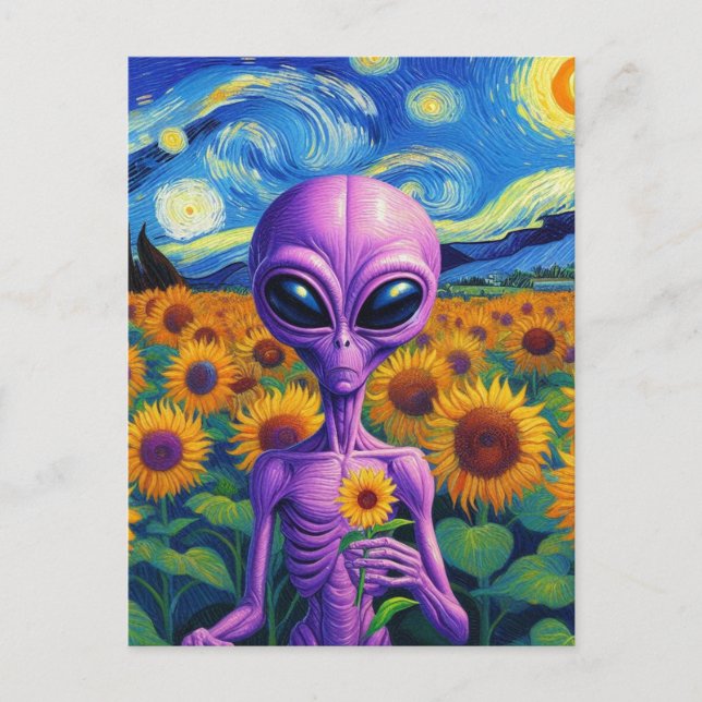 Purple Alien Holds Flower Van Gogh Sunflower Field Postcard (Front)