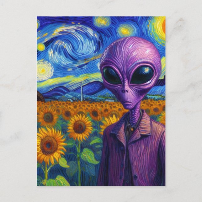 Purple Alien in a Faux Van Gogh Sunflower Field Postcard (Front)