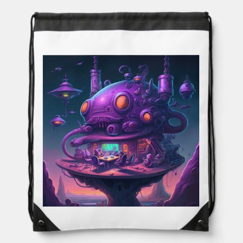 Purple Alien Pub Drawstring Bag