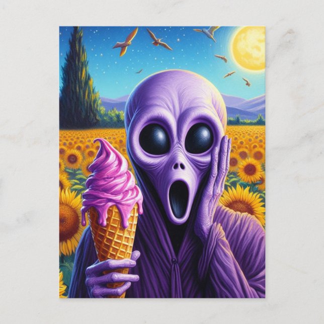 Purple Alien Screams in Van Gogh Sunflower Field Postcard (Front)