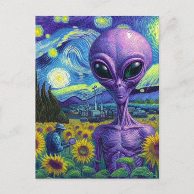 Purple Alien Van Gogh Sunflower Field Postcard (Front)