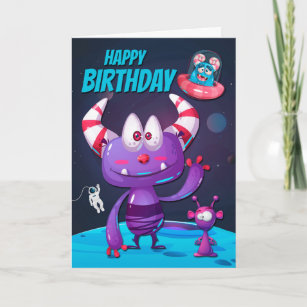 Purple Alien with Spaceship for Happy Birthday Card
