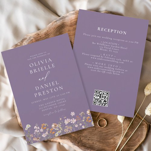 Purple All in One Wildflower QR Code Wedding Invitation