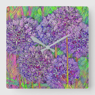 Purple Allium Mosaic with Watercolor Effects Square Wall Clock