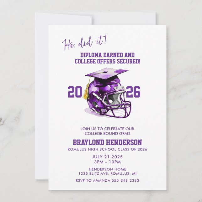 Purple American Football Graduation Party Invitation (Front)