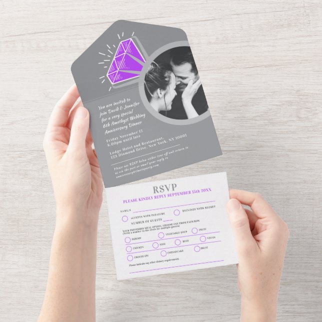 Purple amethyst 6th wedding anniversary dinner all in one invitation (Tearaway)