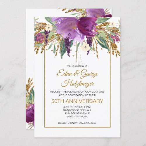 Purple Amethyst and Gold 50th Wedding Anniversary Invitation