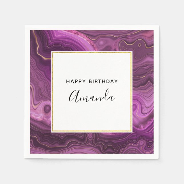 Purple Amethyst And Gold Abstract Agate Birthday Napkins (Front)