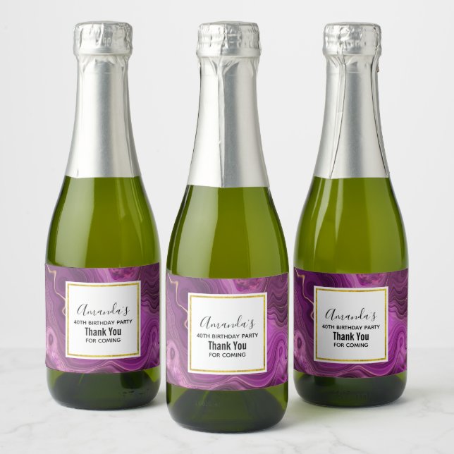 Purple Amethyst And Gold Abstract Agate Birthday  Sparkling Wine Label (Bottles)