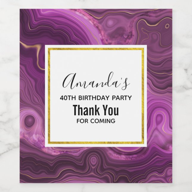 Purple Amethyst And Gold Abstract Agate Birthday Wine Label (Single Label)