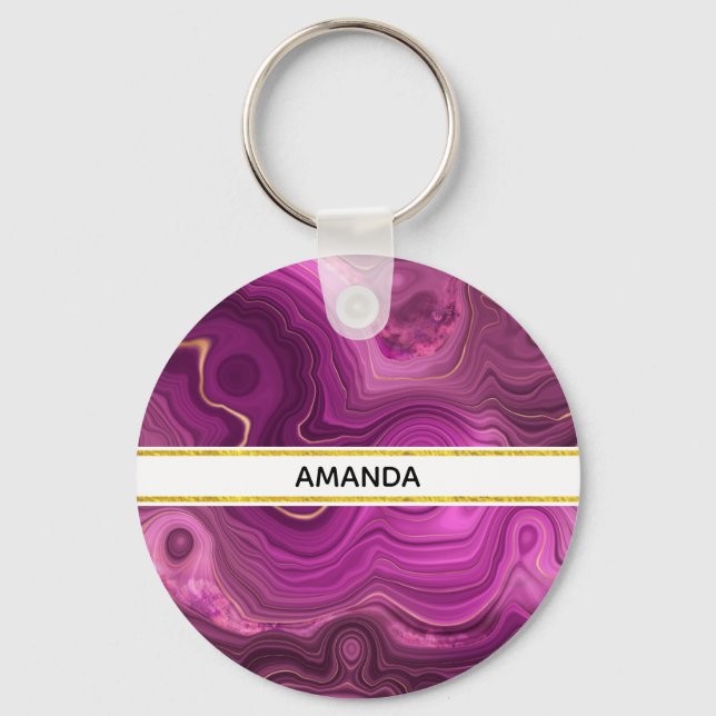 Purple Amethyst And Gold Abstract Agate Keychain (Front)
