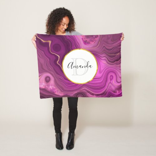 Purple Amethyst And Gold Abstract Agate Monogram Fleece Blanket