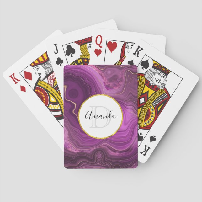  Purple Amethyst And Gold Abstract Agate Monogram Poker Cards (Back)