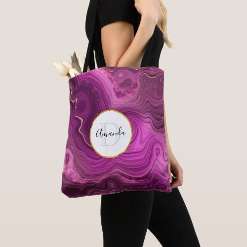 Purple Amethyst And Gold Abstract Agate Monogram Tote Bag