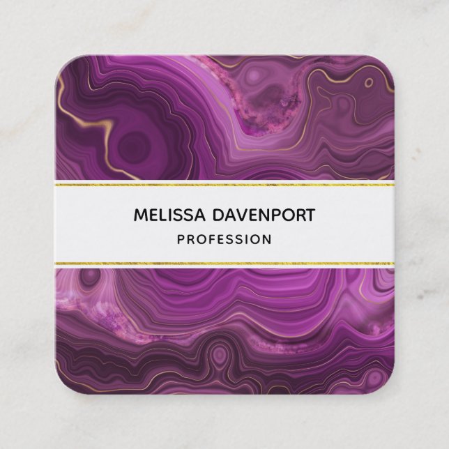 Purple Amethyst And Gold Abstract Agate Square Business Card (Front)
