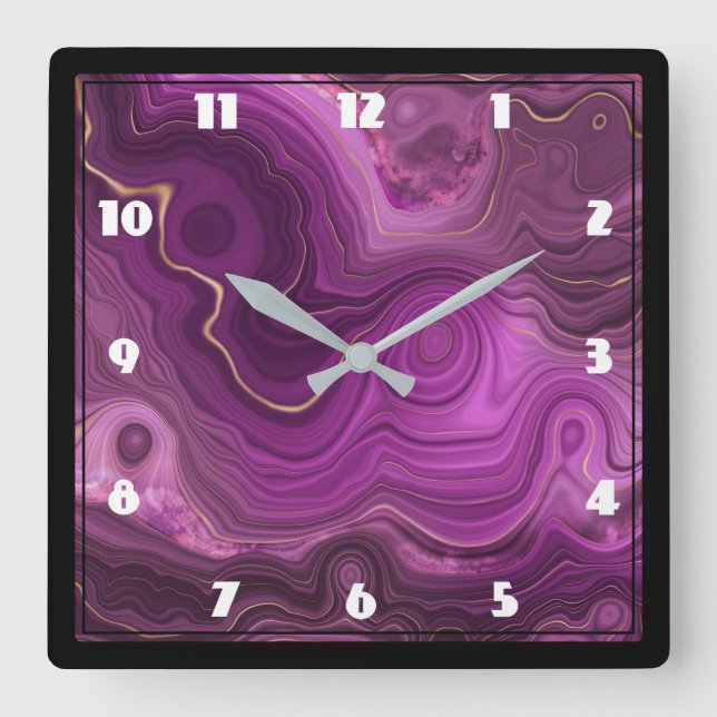 Purple Amethyst And Gold Abstract Agate Square Wall Clock (Front)