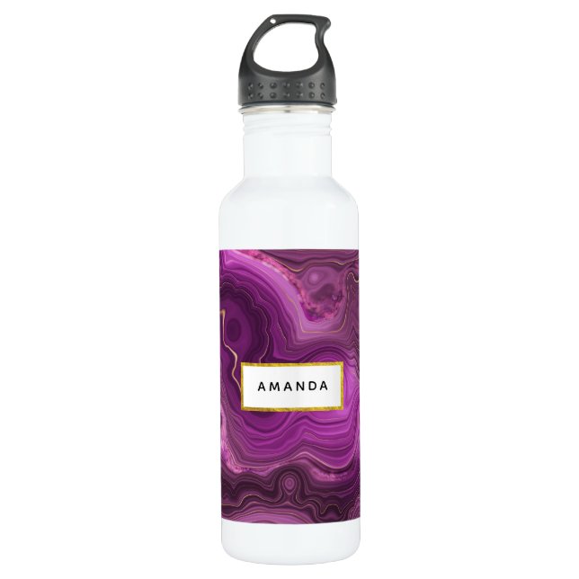 Purple Amethyst And Gold Abstract Agate Stainless Steel Water Bottle (Front)