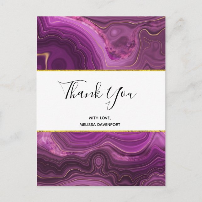 Purple Amethyst And Gold Abstract Agate Thank You Postcard (Front)