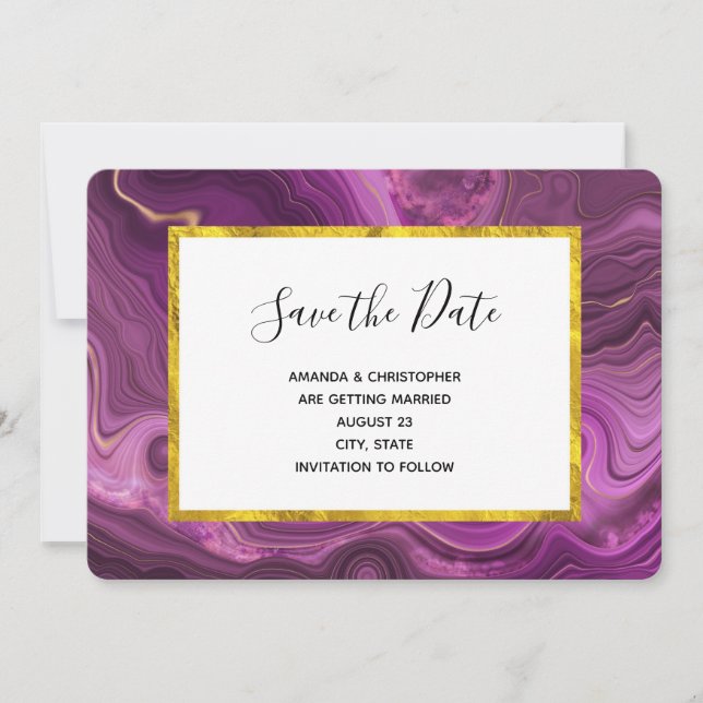 Purple Amethyst And Gold Abstract Agate Wedding Sa Save The Date (Front)
