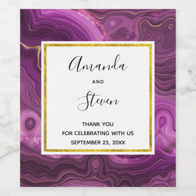 Purple Amethyst And Gold Abstract Agate Wedding Wine Label (Single Label)