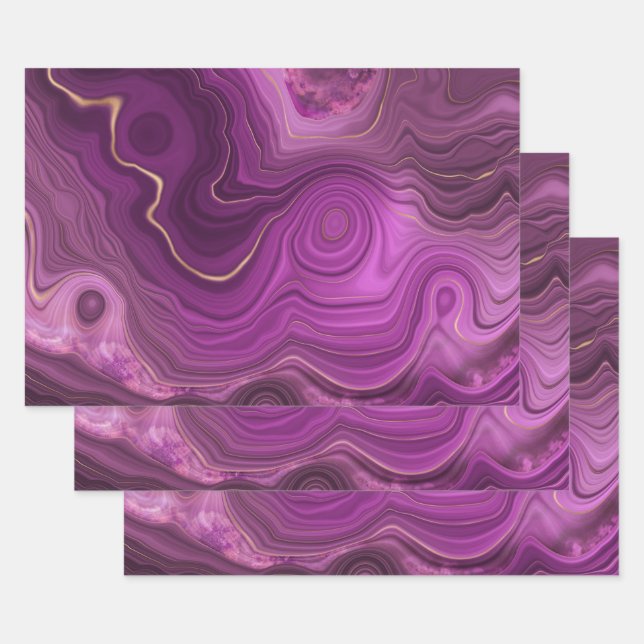 Purple Amethyst And Gold Abstract Agate Wrapping Paper Sheets (Set)