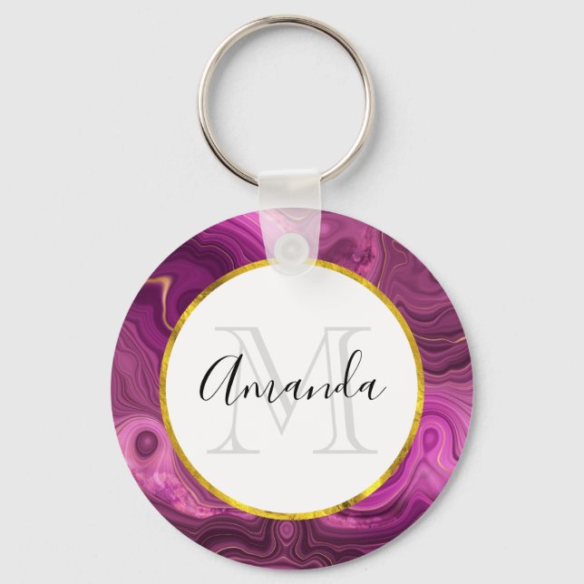 Purple Amethyst And Gold Agate Monogram Keychain (Front)