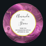 Purple Amethyst And Gold Agate Wedding Thank You Magnet<br><div class="desc">A wedding thank you magnet with an elegant abstract design. Dark purple amethyst color with ribbons of gold nestled between layered strata. Rich and beautiful design. Layered over top is a white circle frame with a faux gold foil border,  with your personalized text inside.</div>