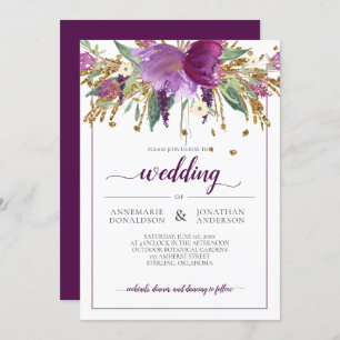 Purple Amethyst and Gold Floral Framed Wedding Invitation