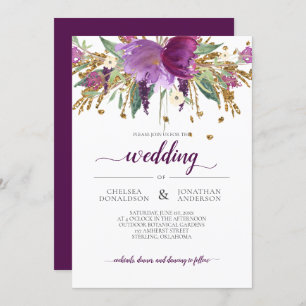 Purple Amethyst and Gold Floral Wedding Invitation