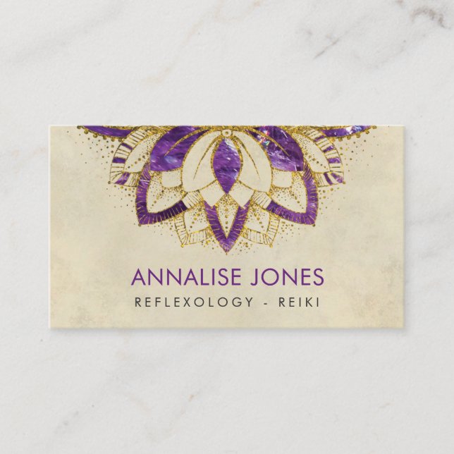 Purple Amethyst and gold frame Lotus Business Card (Front)